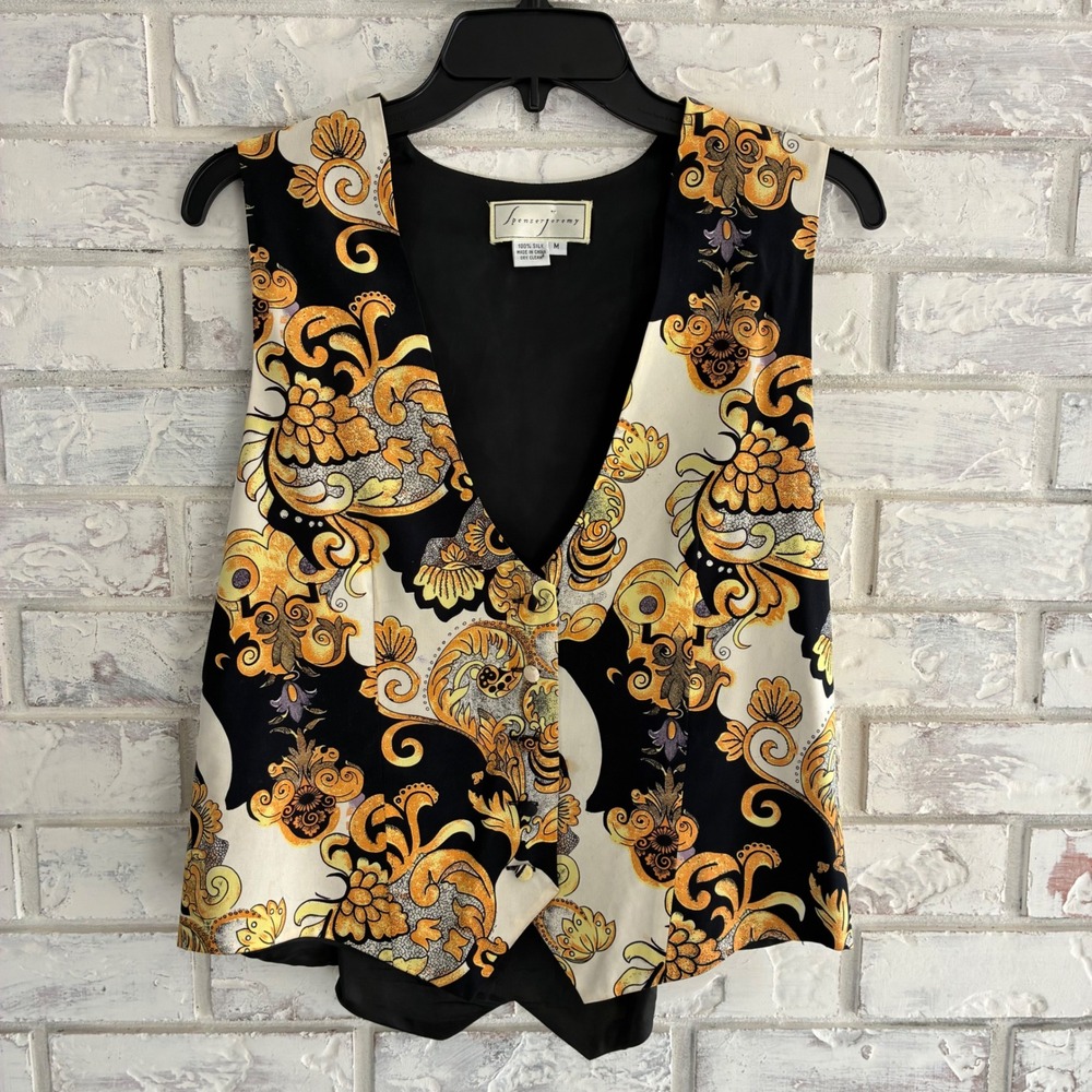 Vintage Spenser Jeremy Silk Vest M Black Gold Paisley Baroque 90s Y2K Ornate